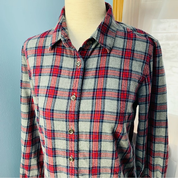 J. Crew Grey and Red Plaid Flannel Boy Button Down - Picture 3 of 9